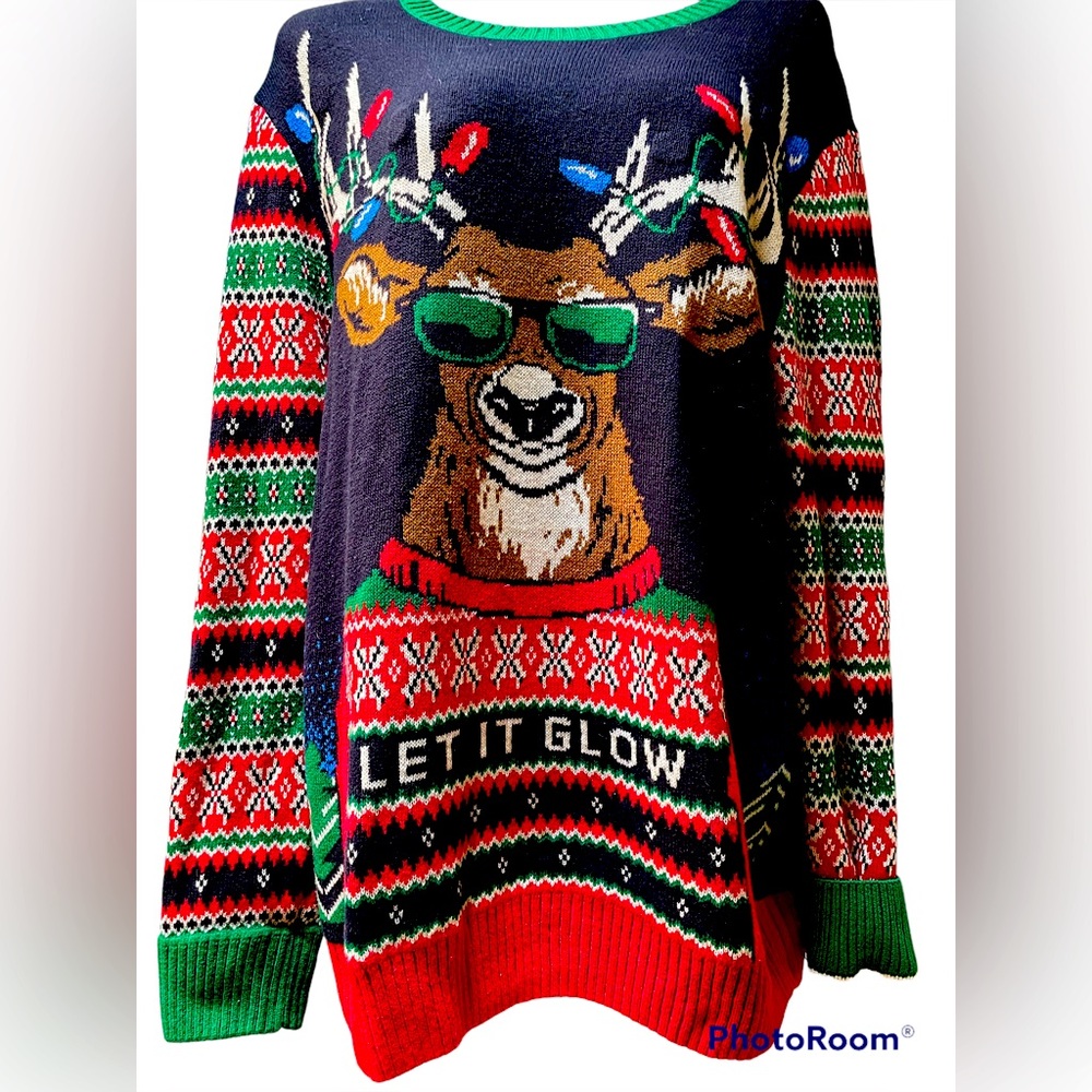 UGLY CHRISTMAS SWEATER Reindeer wearing sunglasses Let it Glow Lights Up Size L